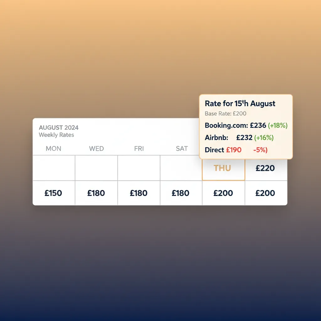 A mockup of the HolsUK software showing how a base rate is adjusted with markups for different channels.