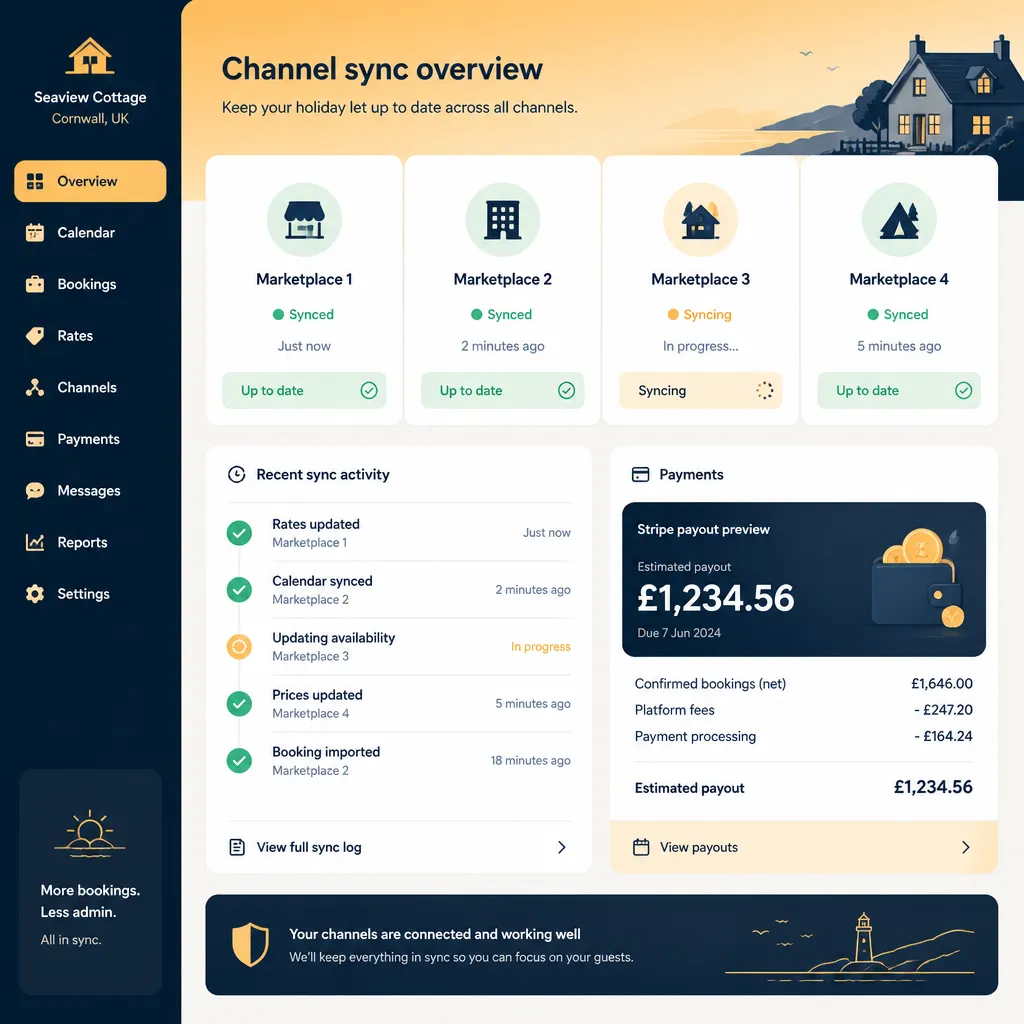 Channel sync status and payments panel in a booking dashboard