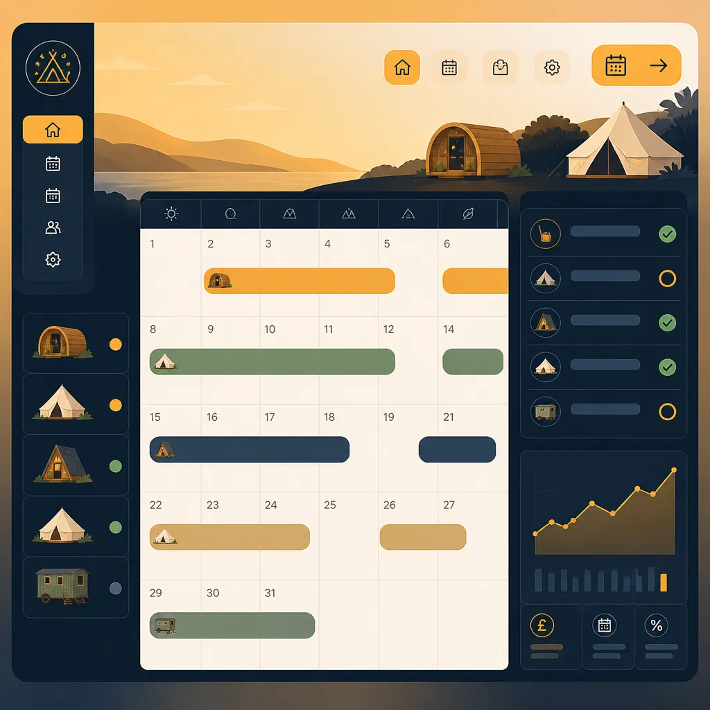 Dashboard calendar with bookings and cleaner status for glamping units