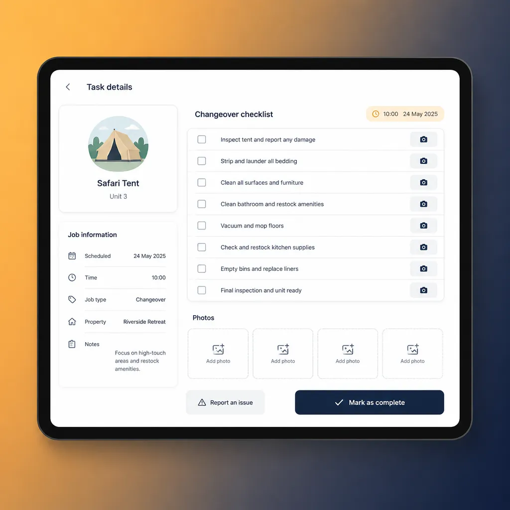 Cleaner task list mockup with checklist and photo uploads