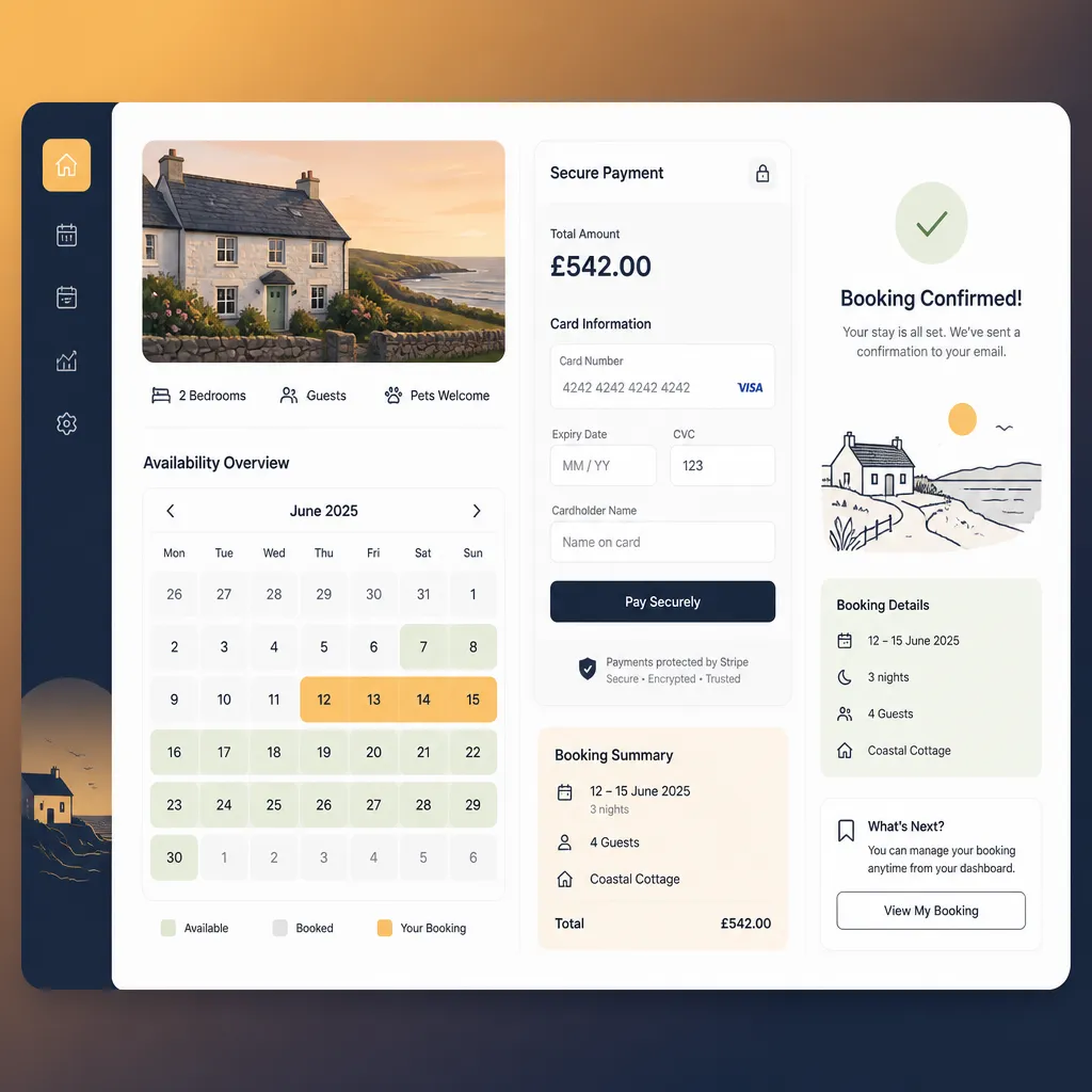 Dashboard mockup showing direct booking page and calendar overview