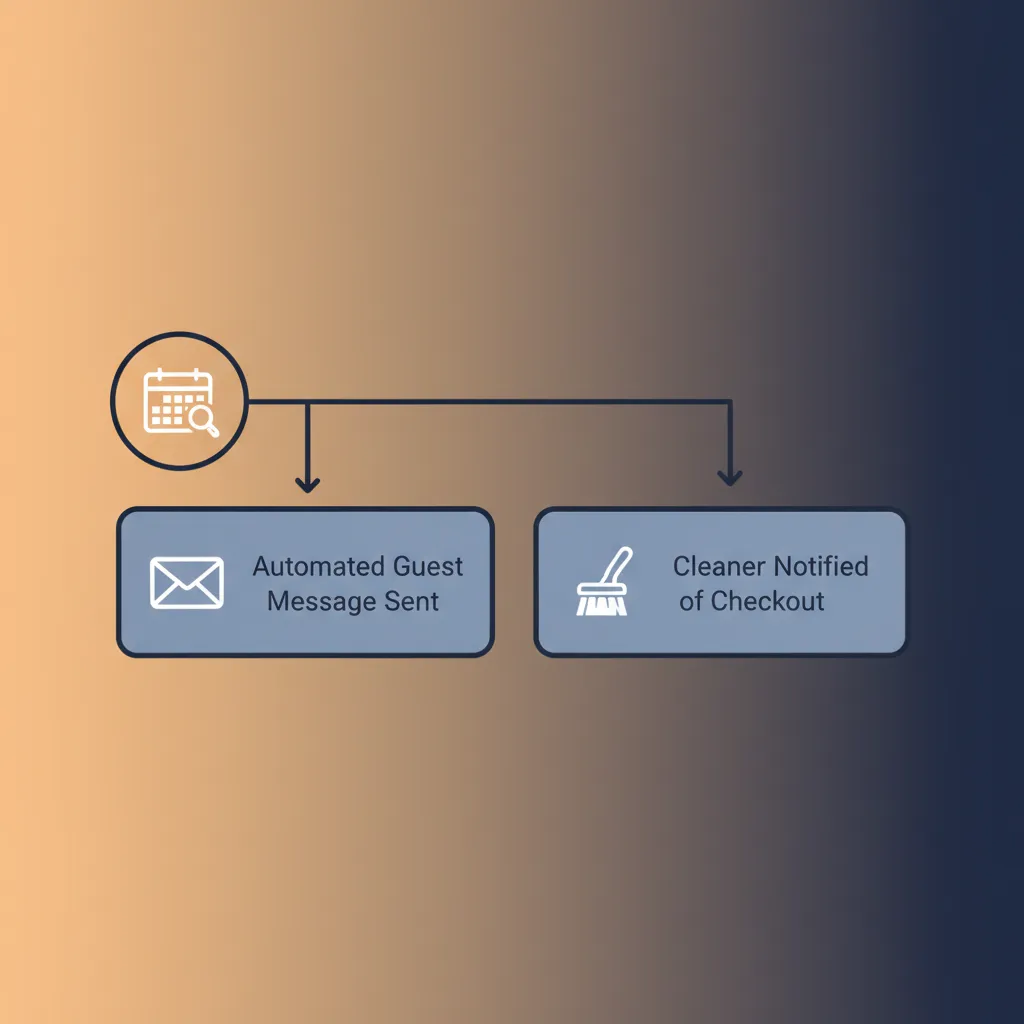 Workflow diagram showing how a HolsUK booking automates guest messaging and cleaner notifications.