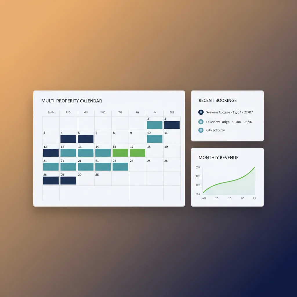 HolsUK dashboard showing a unified calendar, recent bookings, and a revenue chart.