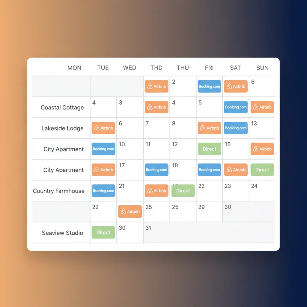 Close-up of the HolsUK unified calendar with colour-coded bookings from different channels.