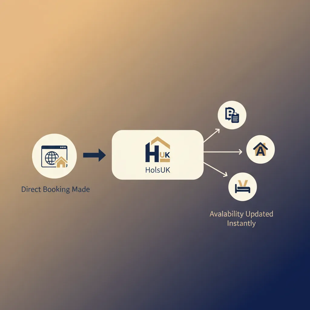 Diagram showing how a direct booking on HolsUK automatically updates availability on Booking.com and Airbnb.