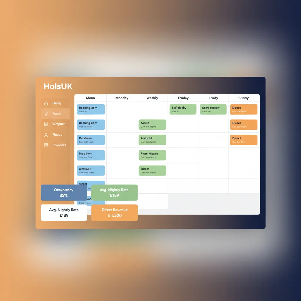 A dashboard showing a unified calendar with bookings from different channels and key performance metrics.