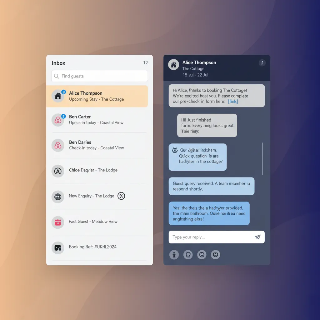 A mockup of the HolsUK unified inbox showing guest messages from multiple booking channels.