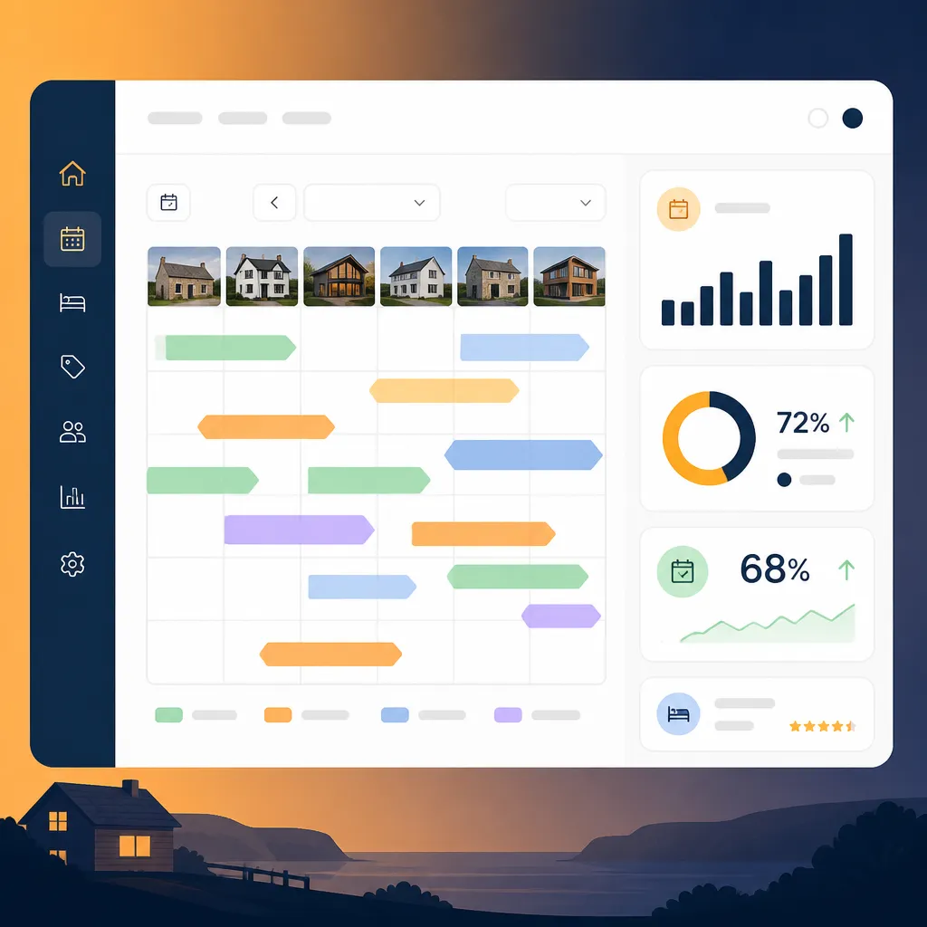 Dashboard mockup with calendar, revenue chart and direct bookings metric