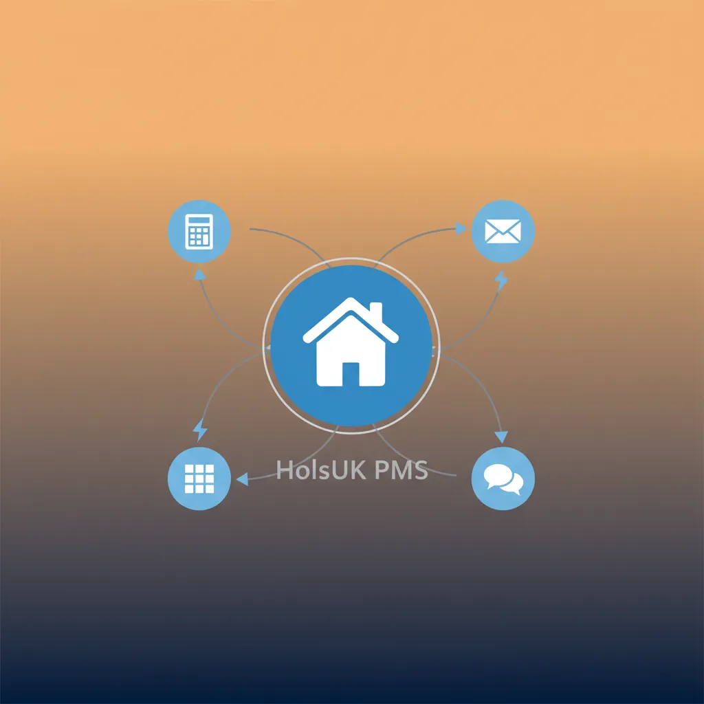 Diagram showing HolsUK PMS connected via Zapier to email, accounting, spreadsheet, and chat apps.
