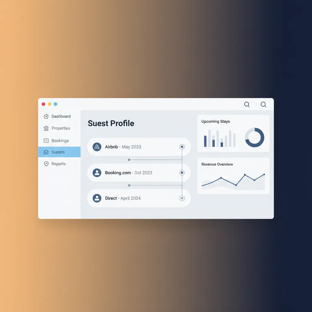 A mockup of the HolsUK dashboard showing a single guest profile with bookings from multiple channels.