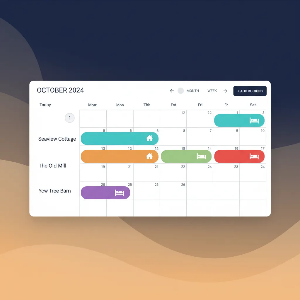 A unified calendar showing bookings from multiple channels for several properties.