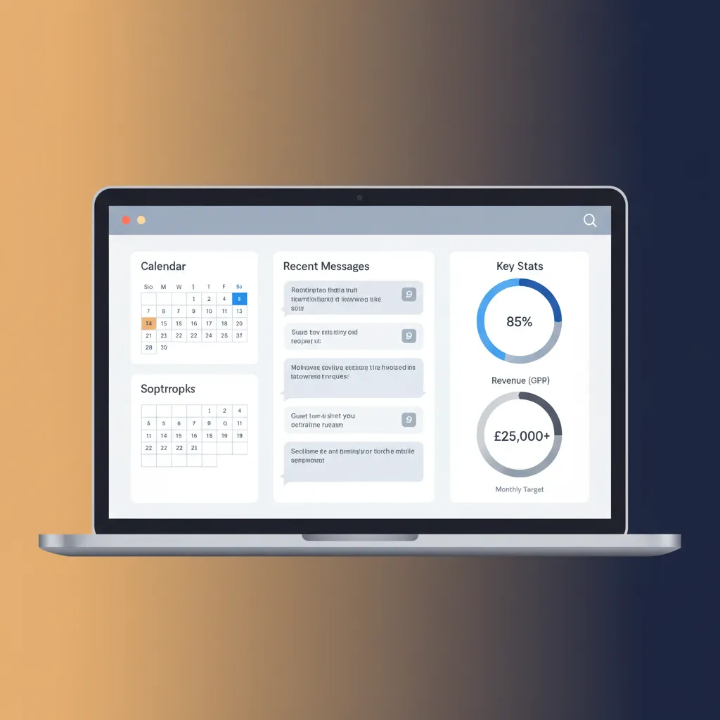 A mockup of the HolsUK dashboard showing a unified calendar, messages, and revenue.