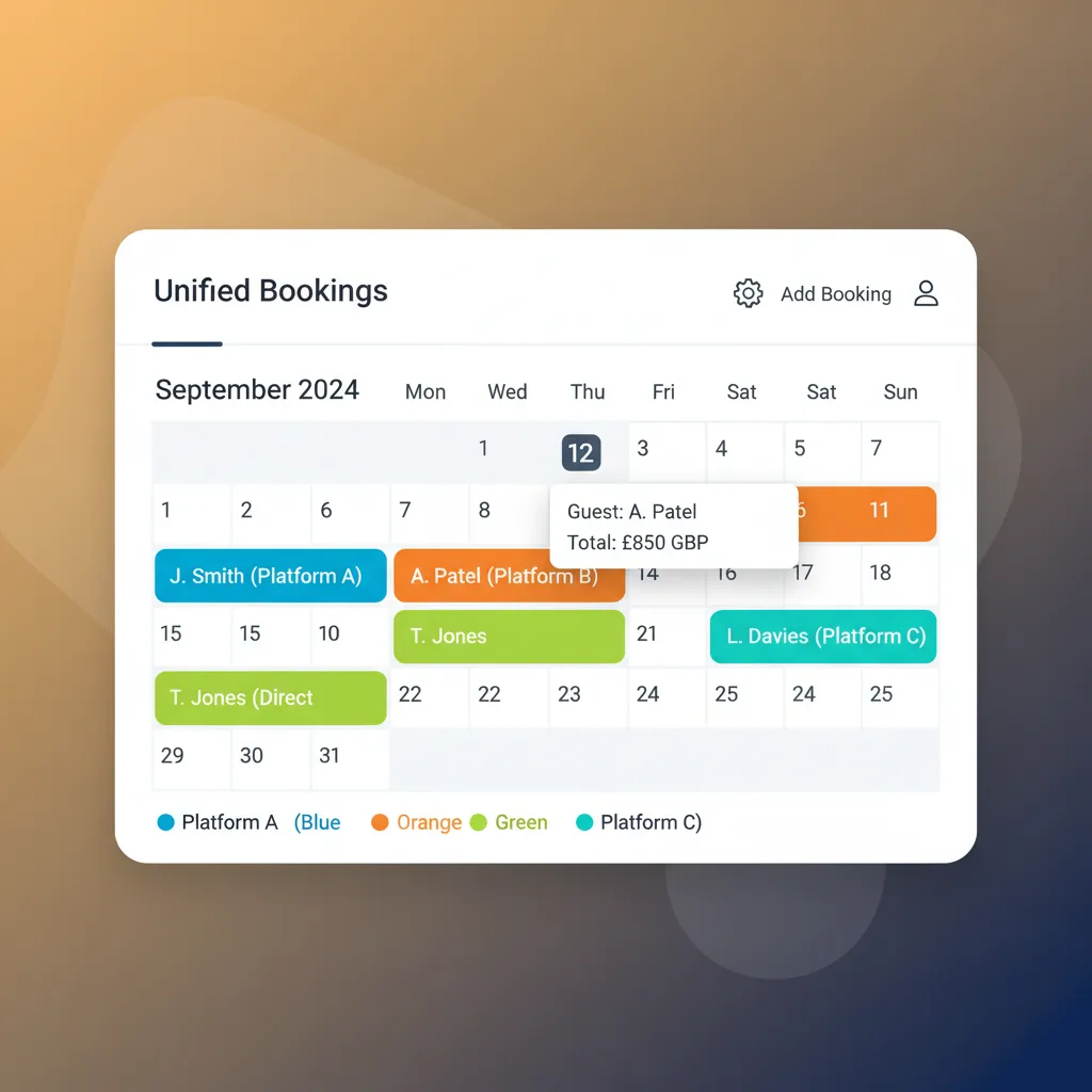 The HolsUK unified calendar showing colour-coded bookings from different channels.