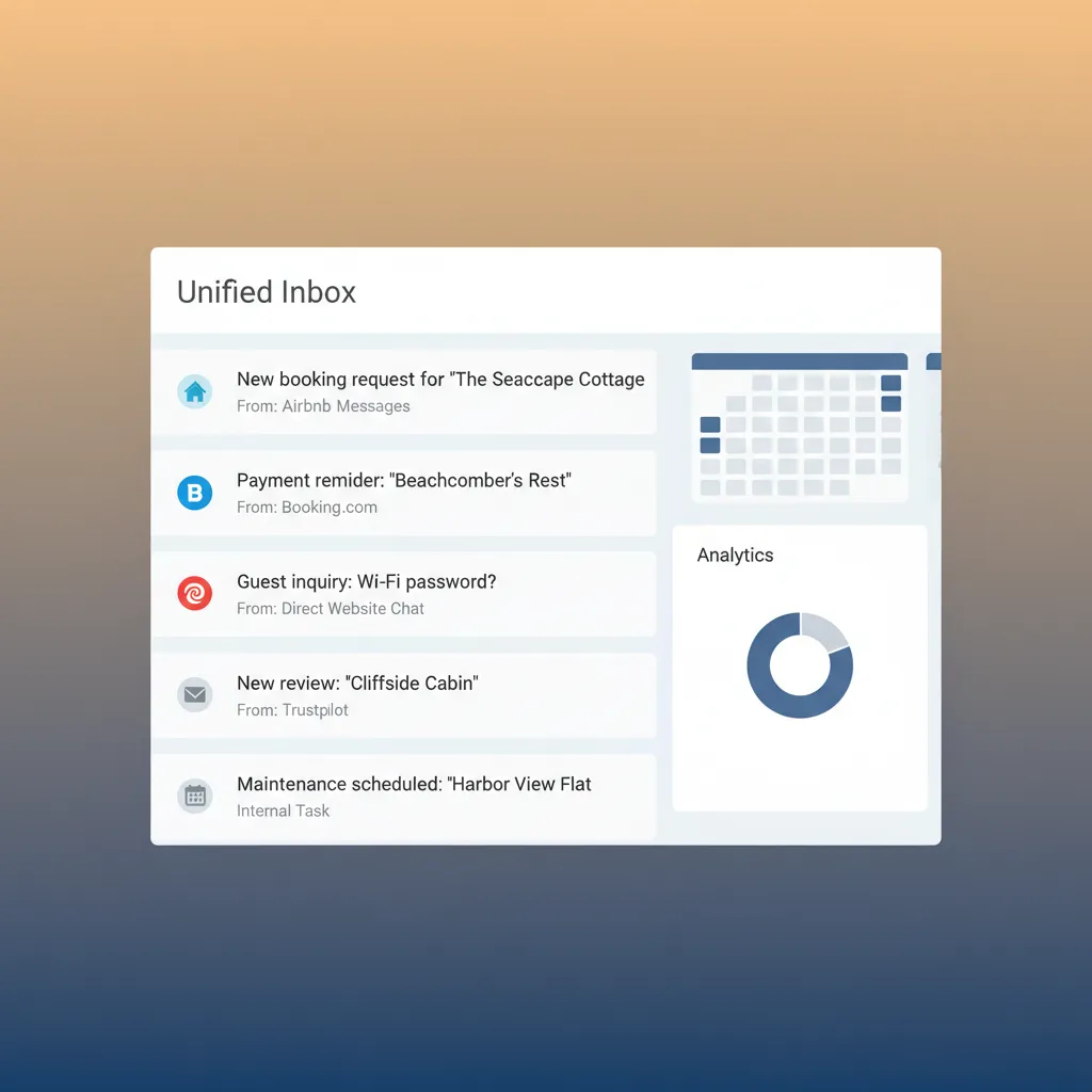 A mockup of the HolsUK centralised inbox showing guest messages from multiple channels.