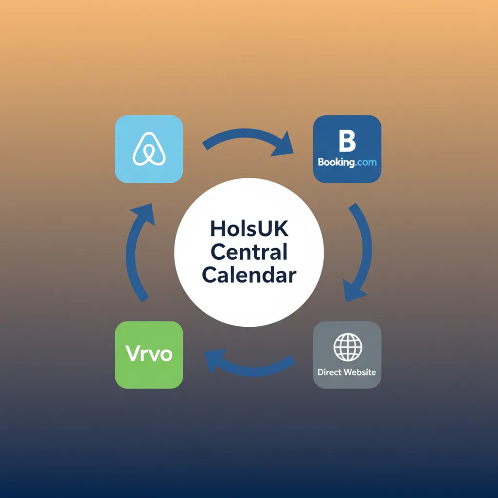 A diagram showing HolsUK syncing availability between Airbnb, Booking.com, and a direct website.