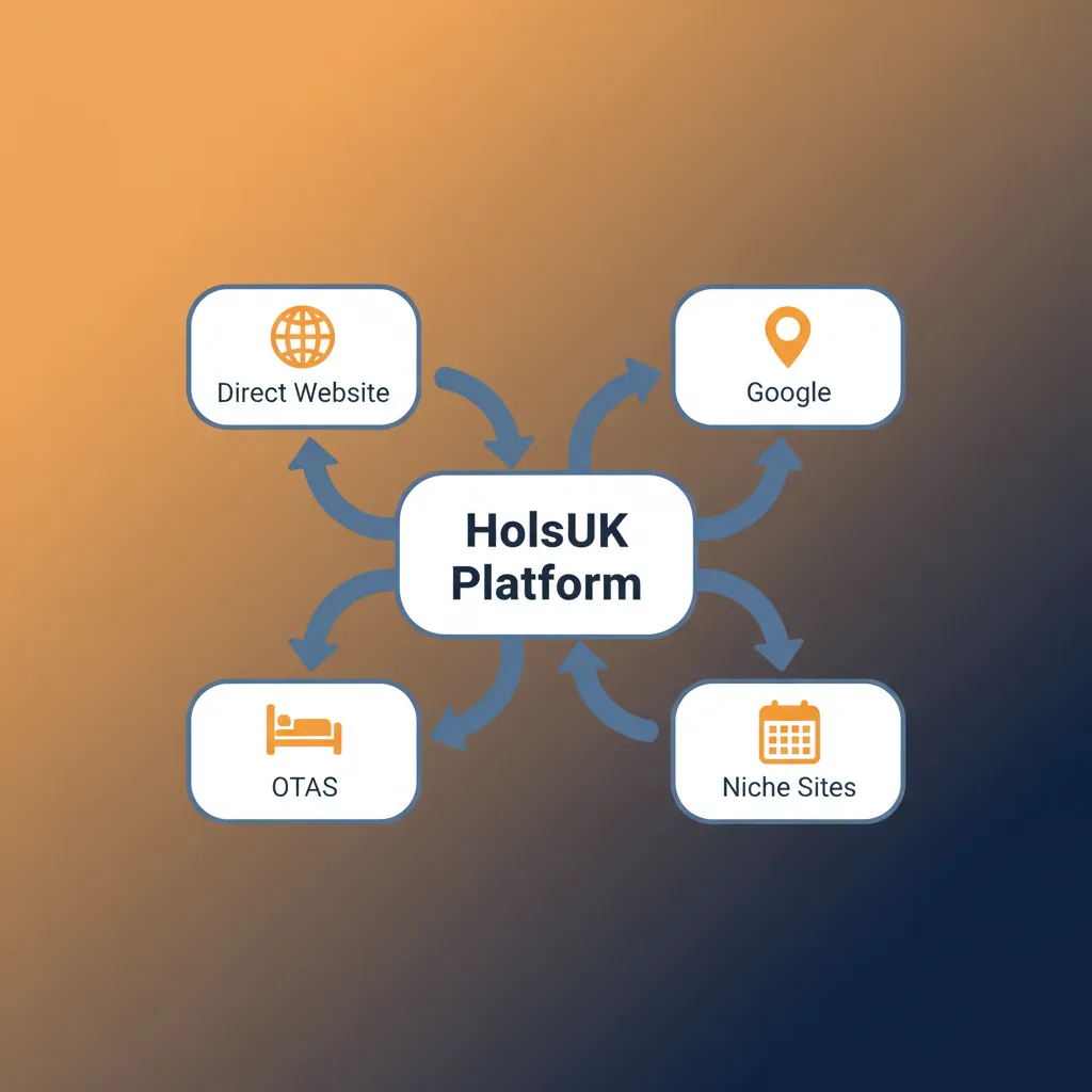 Diagram showing how the HolsUK platform syncs property data to multiple channels including Google.