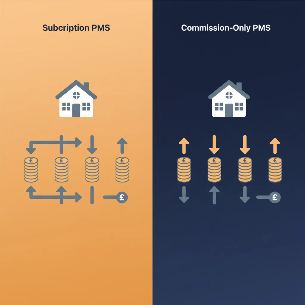 Diagram comparing the fixed costs of a subscription PMS with the variable costs of a commission-only model.