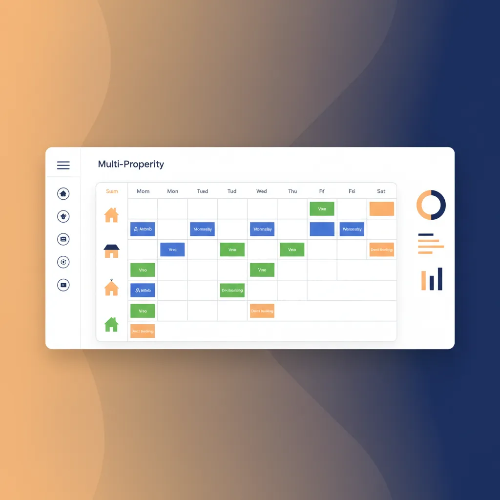 A unified calendar in a property management system showing bookings across multiple properties.