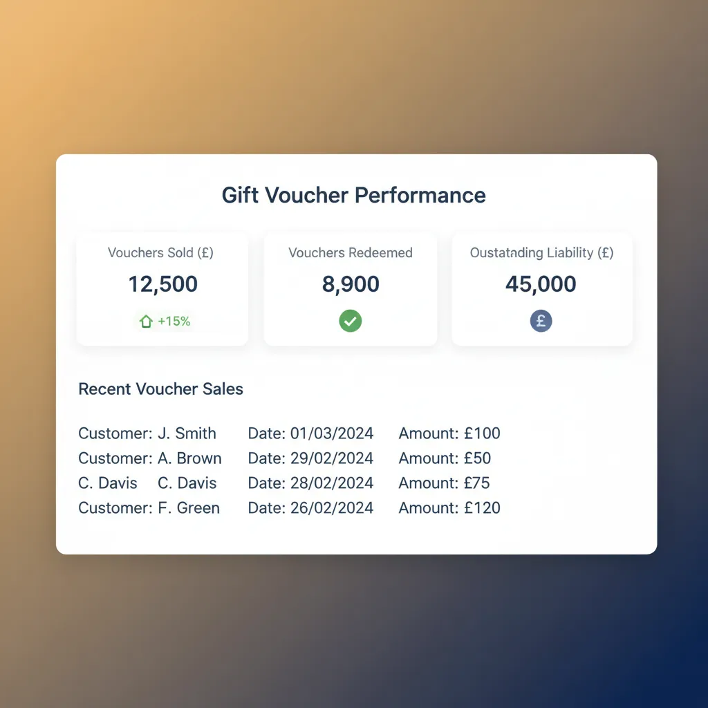 Dashboard of a glamping booking software showing gift voucher sales and redemption tracking.