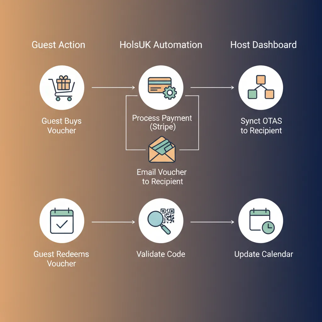 Diagram showing the automated workflow of selling and redeeming gift vouchers with HolsUK.