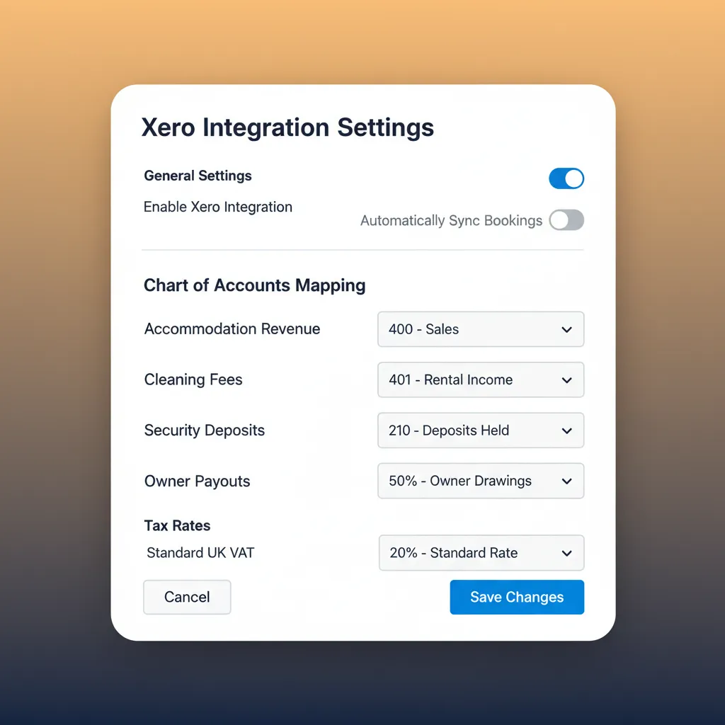 HolsUK's Xero integration settings page, showing options for mapping revenue accounts.