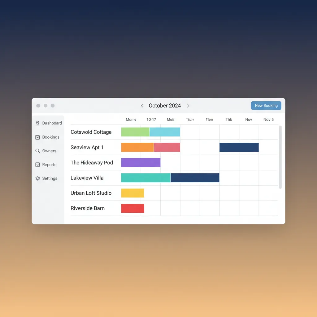 A mockup of the HolsUK dashboard showing a multi-property calendar for managing holiday lets.