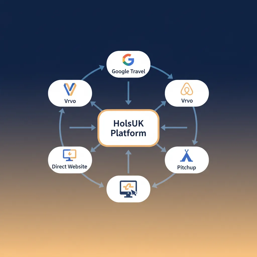 Diagram showing HolsUK channel manager syncing with Google Travel and other OTAs.