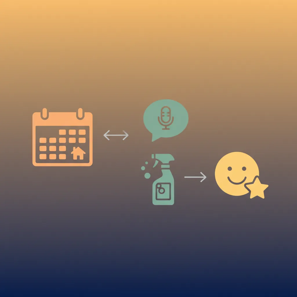 A diagram showing how a booking triggers automated guest messages and cleaner notifications.