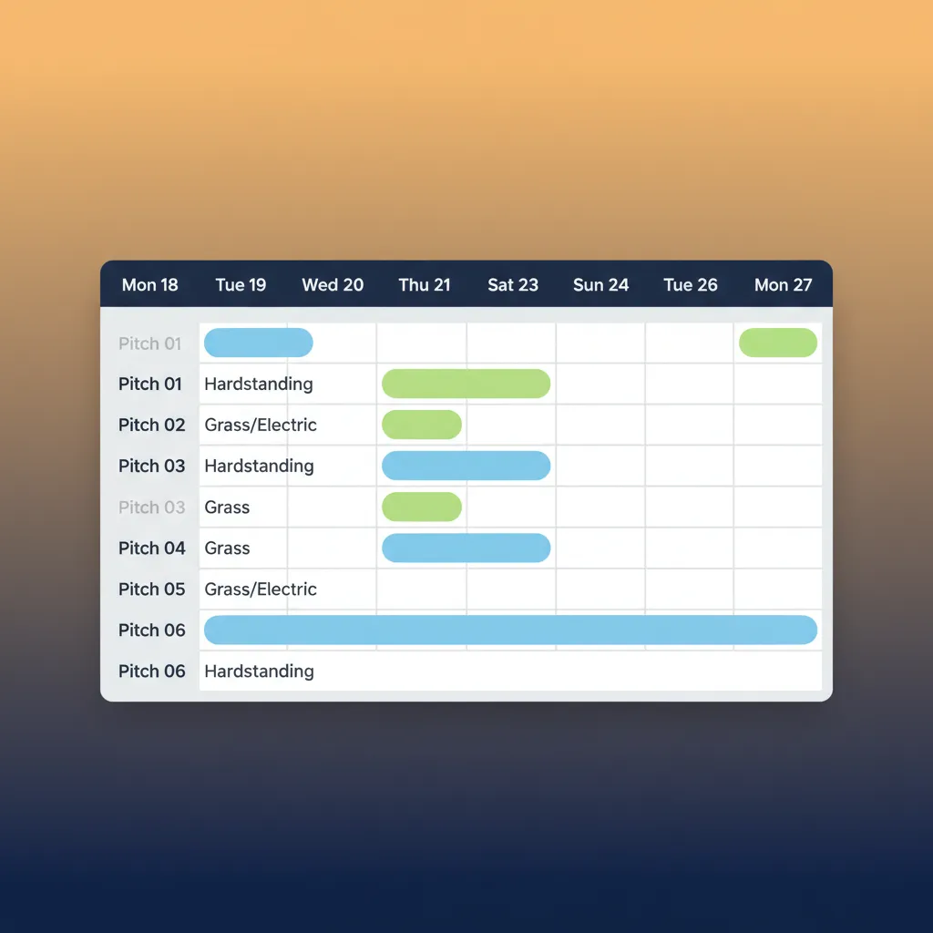 A mockup of the HolsUK calendar showing pitch bookings for a holiday park.