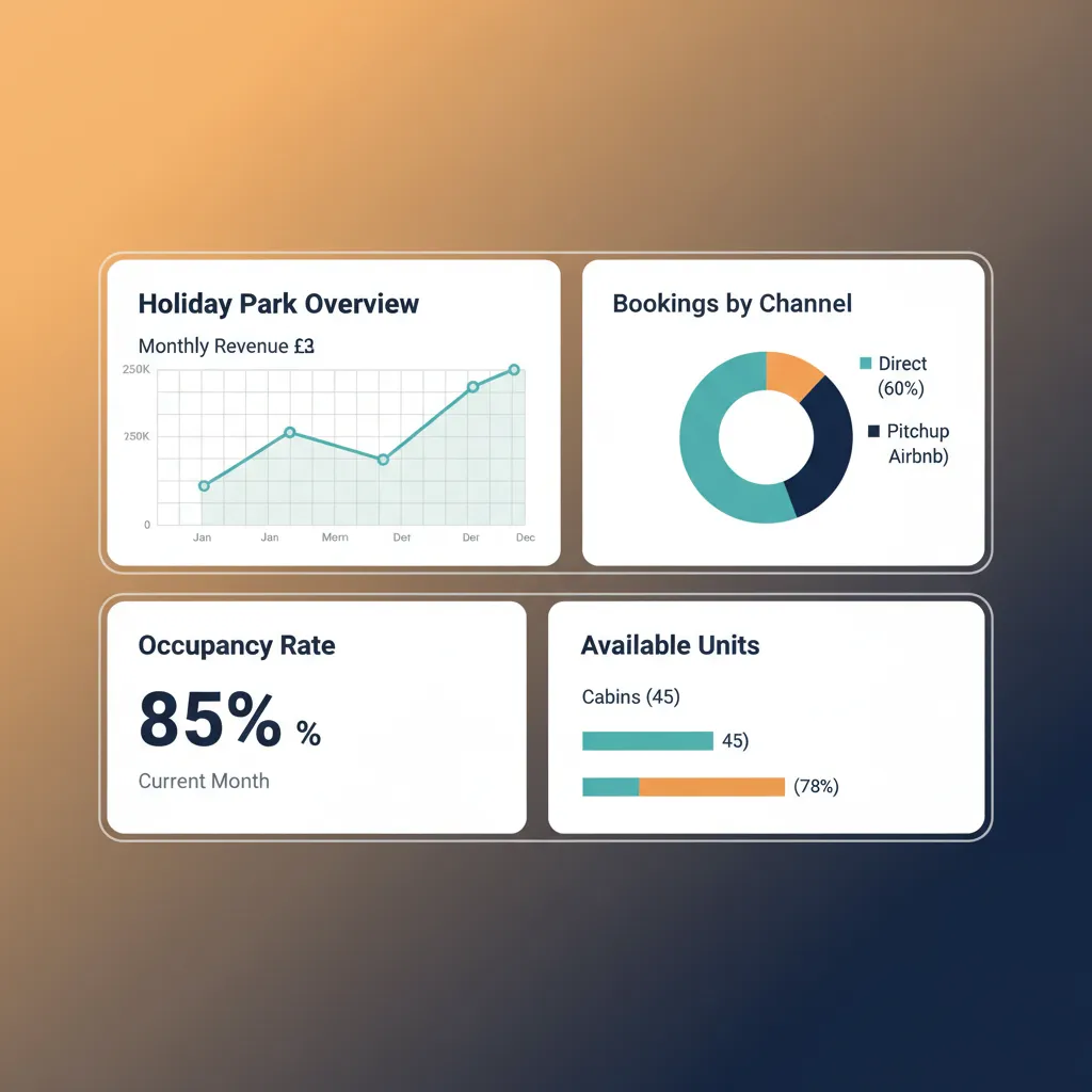 The HolsUK dashboard showing holiday park revenue, occupancy, and booking channels.