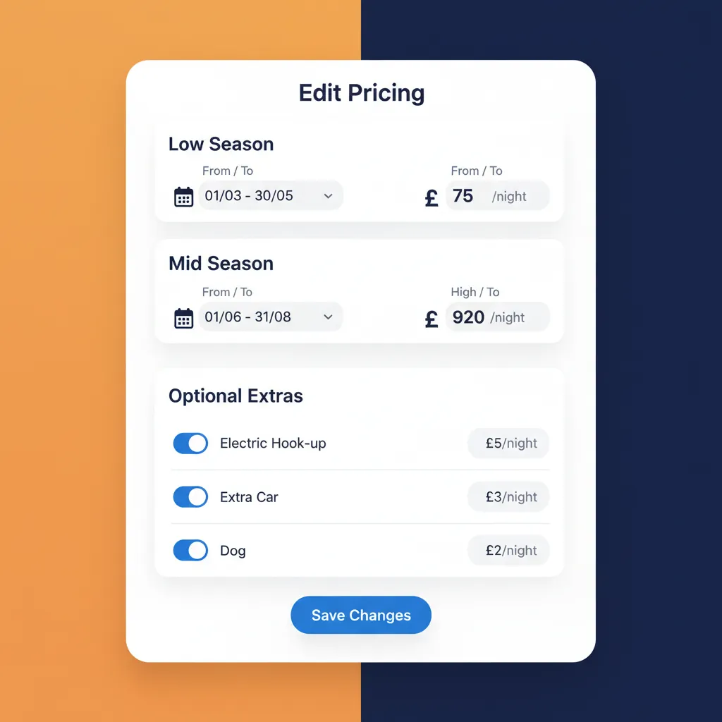 HolsUK's flexible pricing engine for setting seasonal rates and extras for a holiday park.