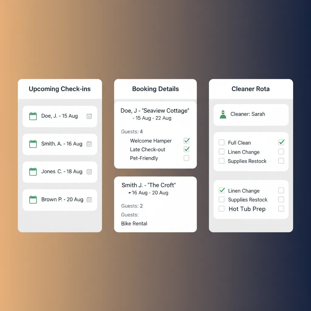 Bookings list and cleaner rota with checklists and assignments