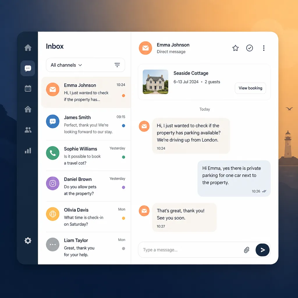 Mockup of the HolsUK unified inbox, showing guest messages from multiple channels.