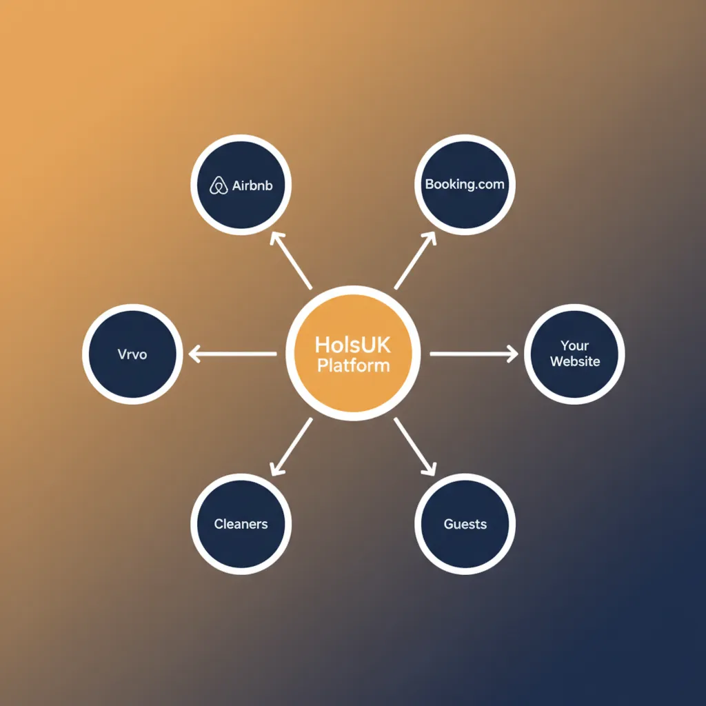 Diagram showing HolsUK as a central hub connecting OTAs, direct bookings, and operations.