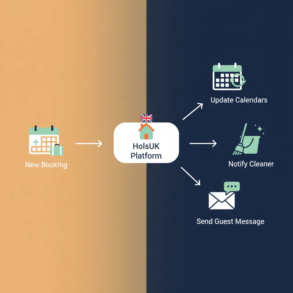 Workflow diagram showing how HolsUK automates tasks after a new booking is received.