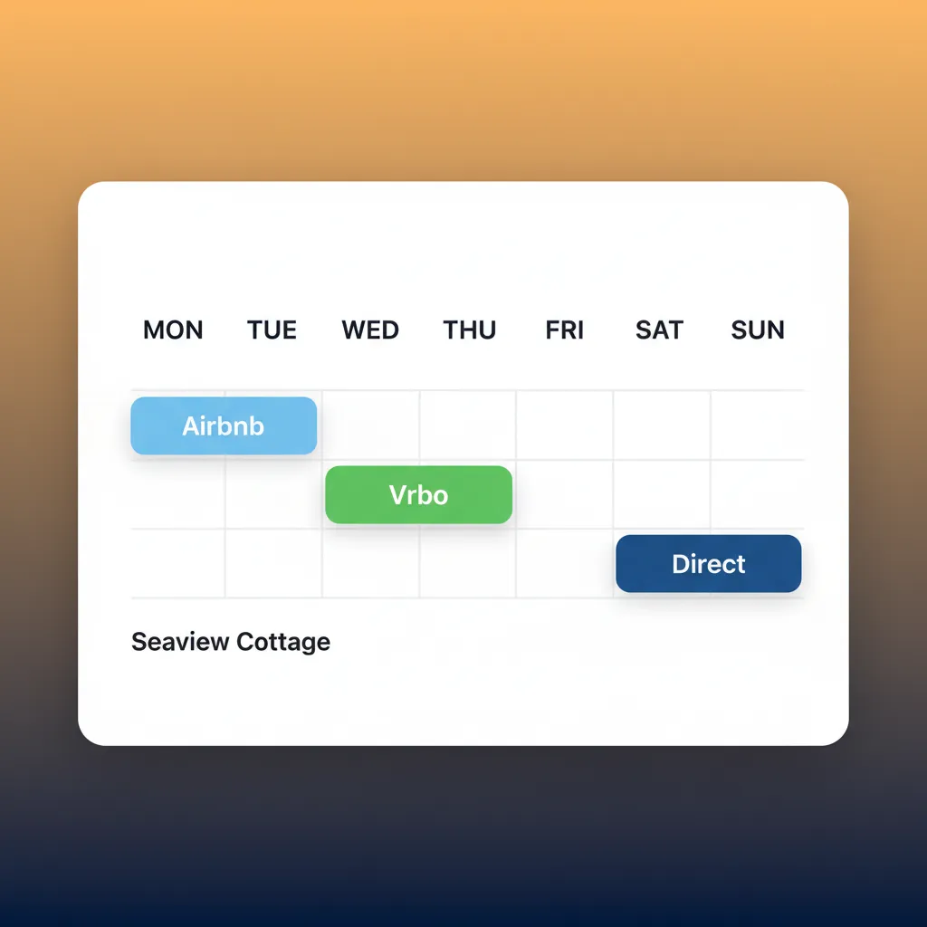 A mockup of the HolsUK unified calendar showing colour-coded bookings from different channels.