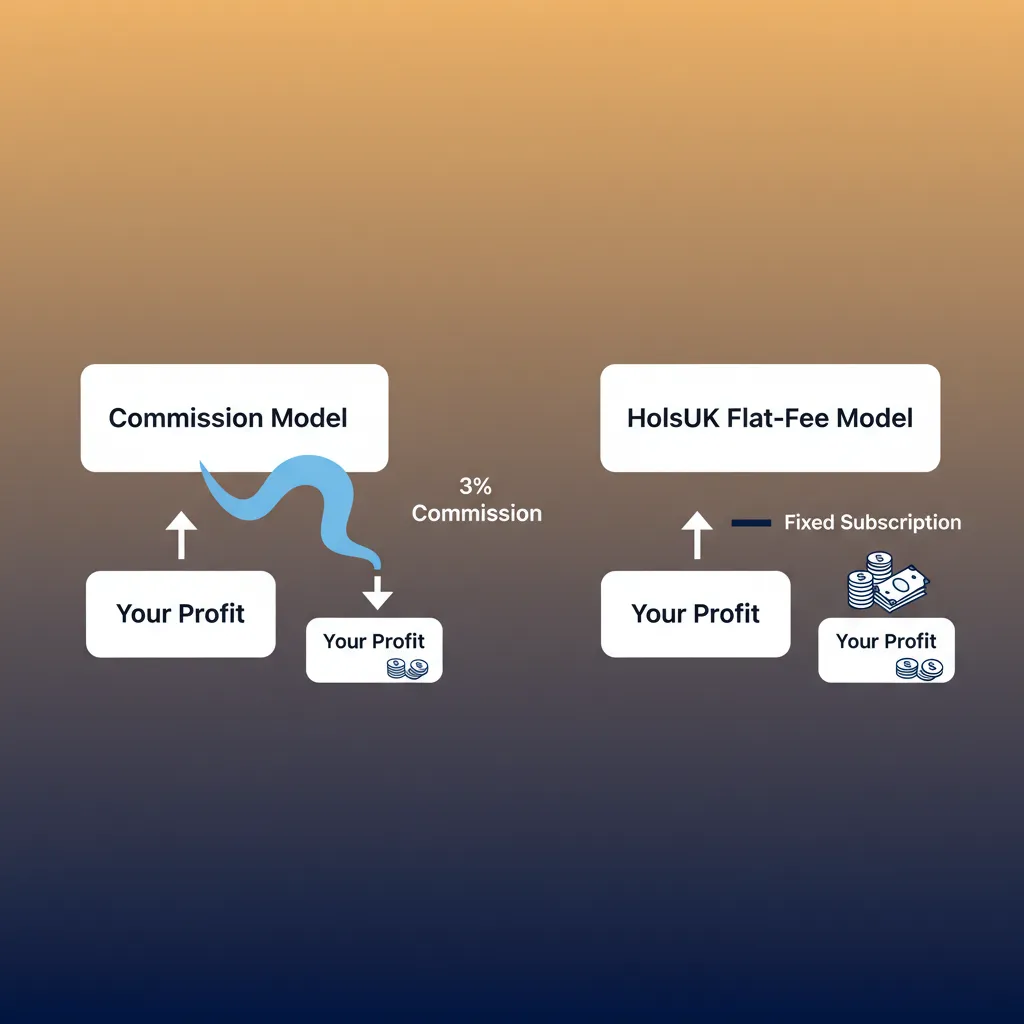 Diagram comparing a commission model with large fees to HolsUK's flat-fee model with small, fixed costs.