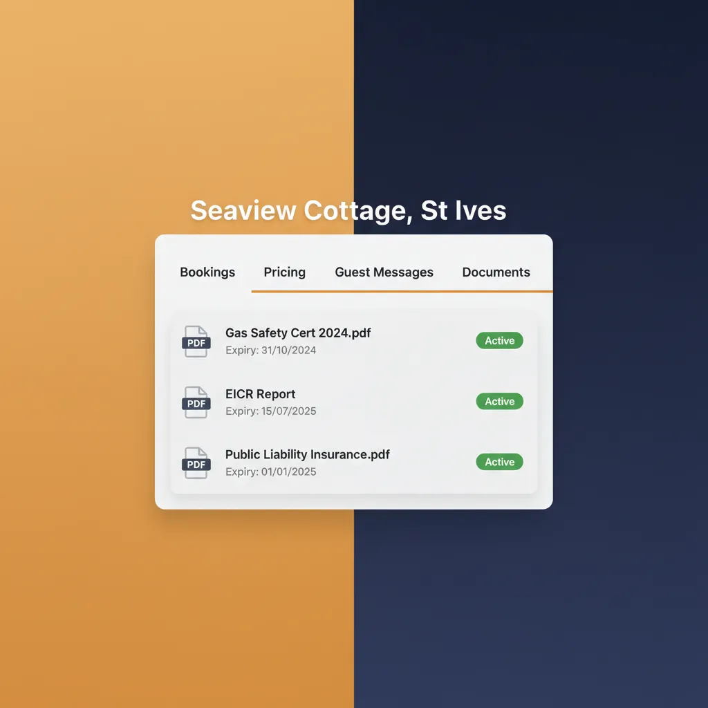 A HolsUK dashboard showing the secure document storage for a holiday cottage.