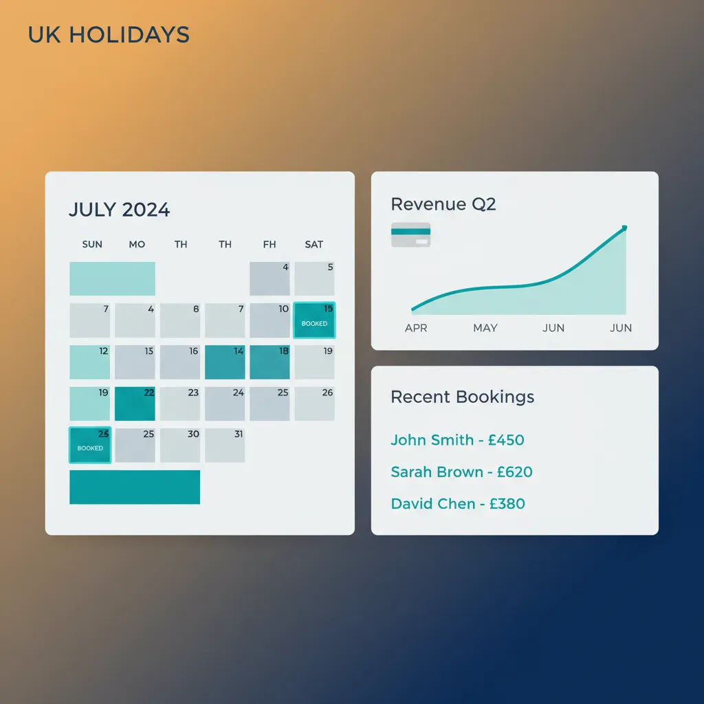 A mockup of the HolsUK dashboard showing a booking calendar and revenue chart, illustrating integrated management.