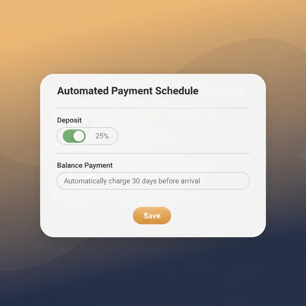 A mockup of HolsUK's automated payment schedule settings for deposits and balance payments.