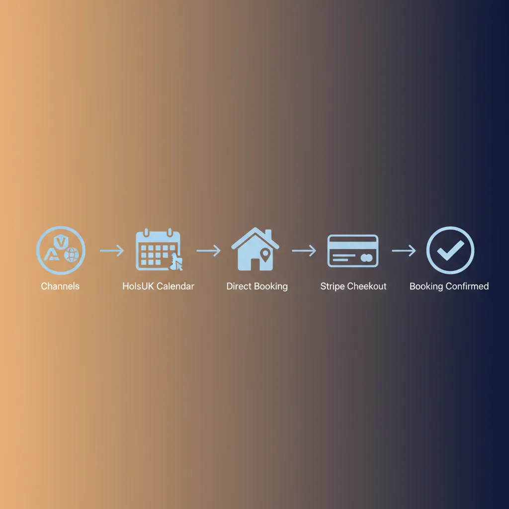 A diagram showing how HolsUK and Stripe process a direct booking from channel sync to confirmation.