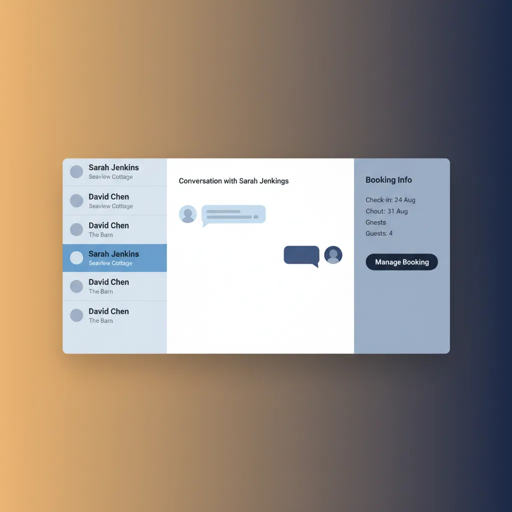 A mockup of the HolsUK unified inbox showing guest messages and booking details side-by-side.