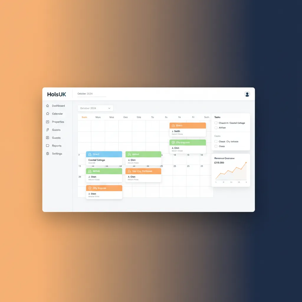 A mockup of the HolsUK channel manager calendar showing synchronised bookings across multiple channels.