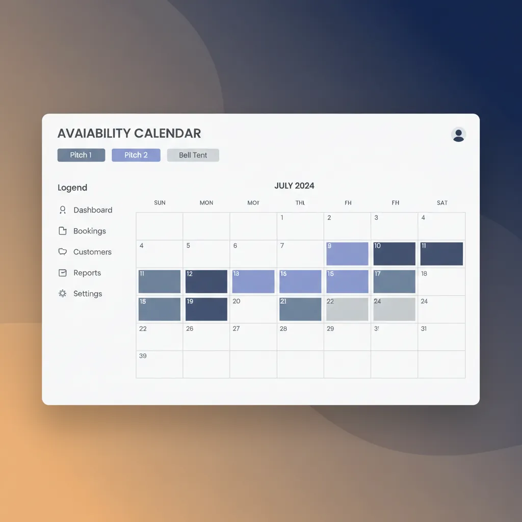 A calendar view in the HolsUK booking system showing pitch availability for a caravan park.