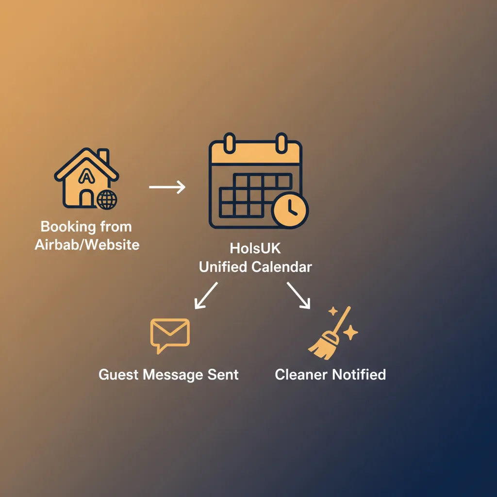 Diagram showing how HolsUK automates workflows from booking to guest and cleaner notifications.