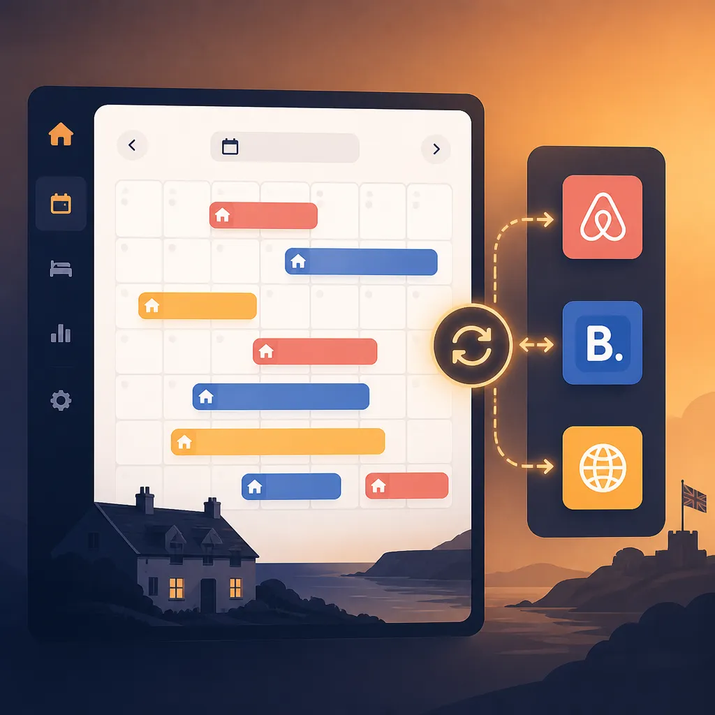 Calendar view with multi-channel booking sync indicators