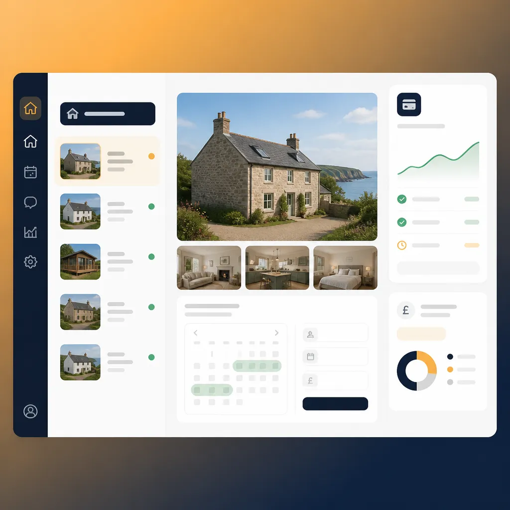 Dashboard showing properties, booking page preview and payment status