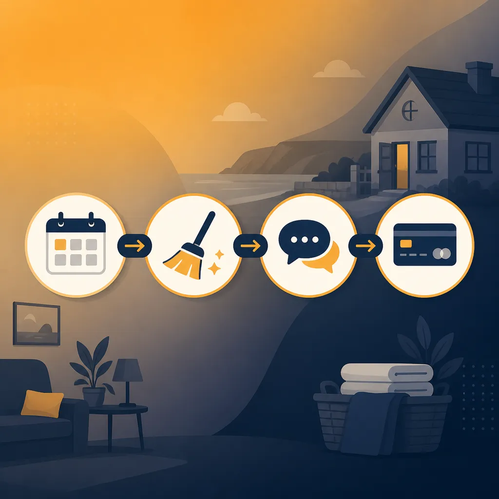 Workflow diagram linking bookings to cleaning, messaging and payments